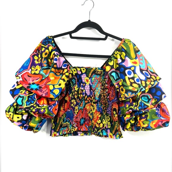 Live 4 Truth Tops - Live 4 Truth Multi Color Vacation Crop Top Puffy Sleeve Large